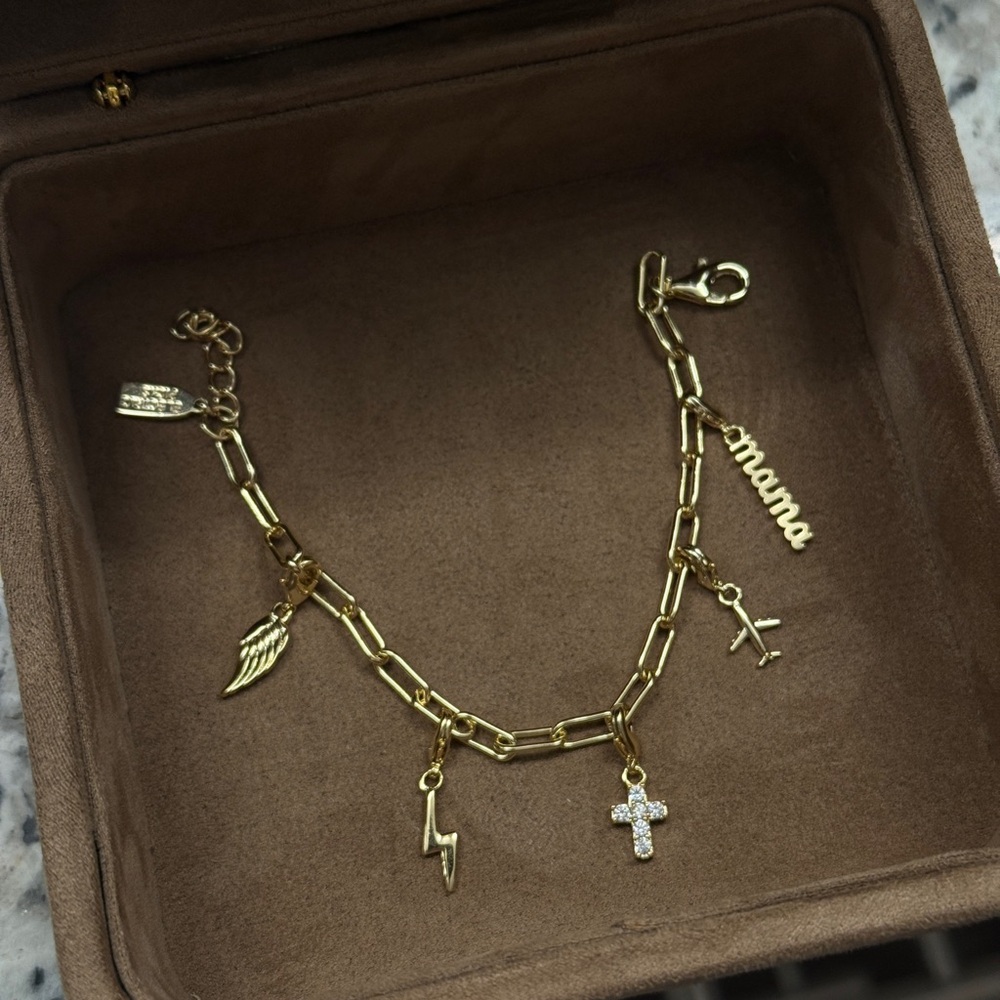 14k Gold filled Charm Bracelet with Removable Cross and Wing Charms